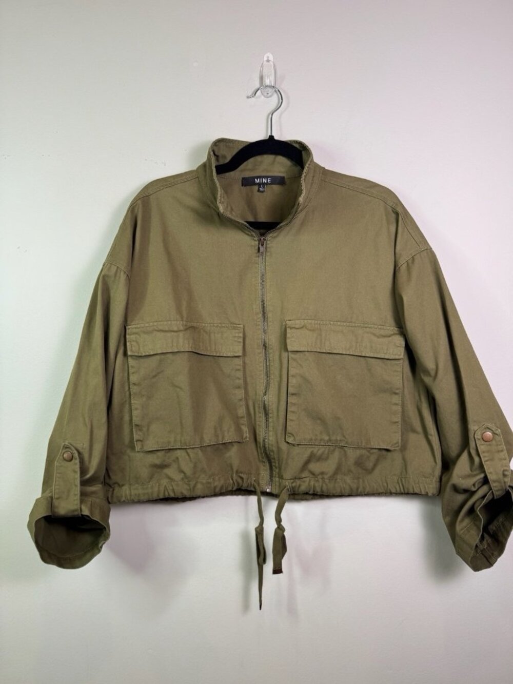 MINE Olive Green Utility Cropped Womens Full Zip Drawstring Jacket Cotton L
